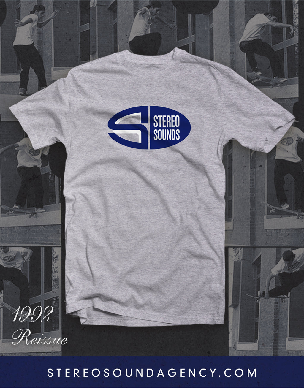 Stereo Sounds "Oval" 1993 REISSUE Tee: Heather Grey/Navy